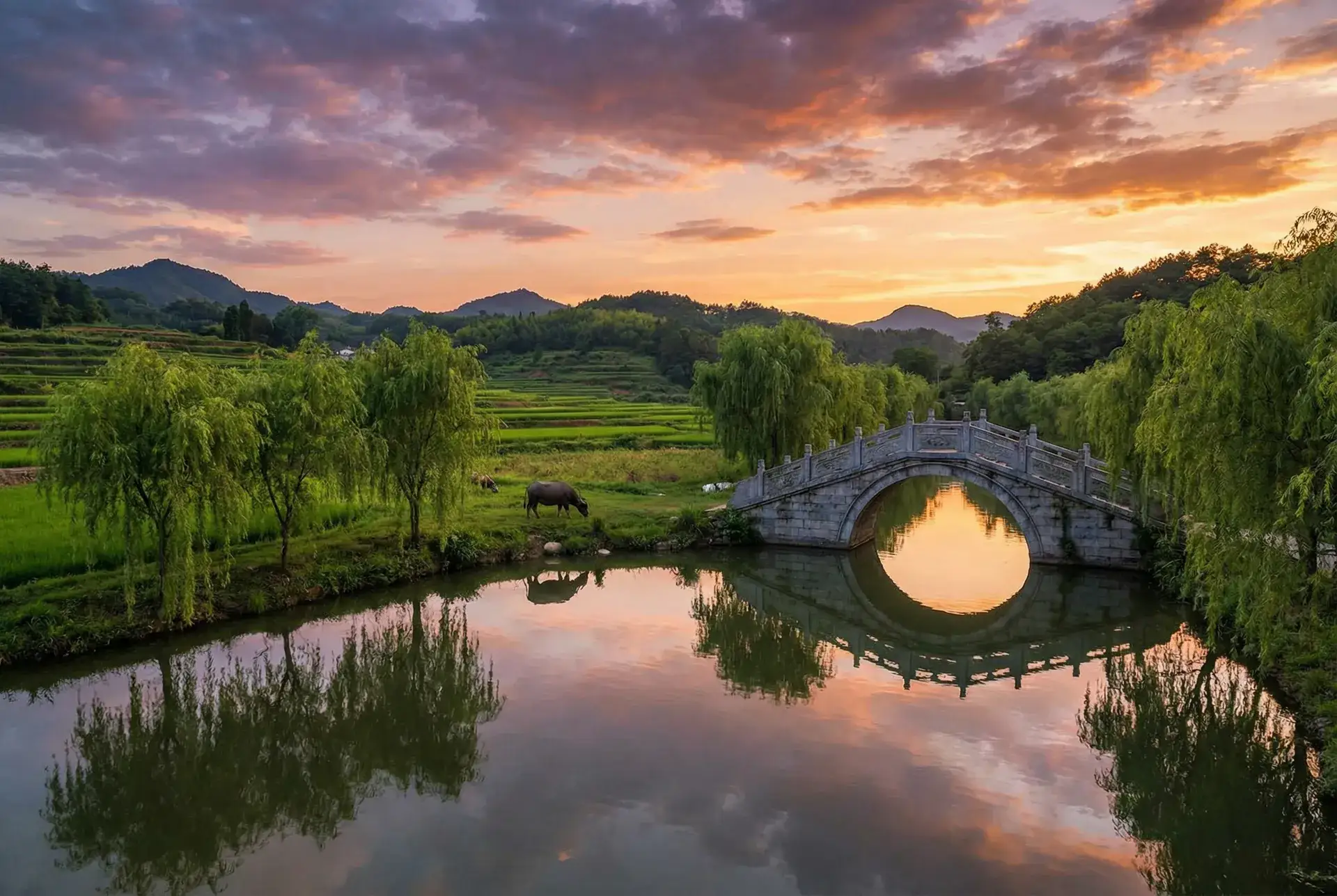 夕阳下的石拱桥与垂柳，水牛在河边吃草 - 《朋友夫妇:交换》4中文字幕 乡村美景